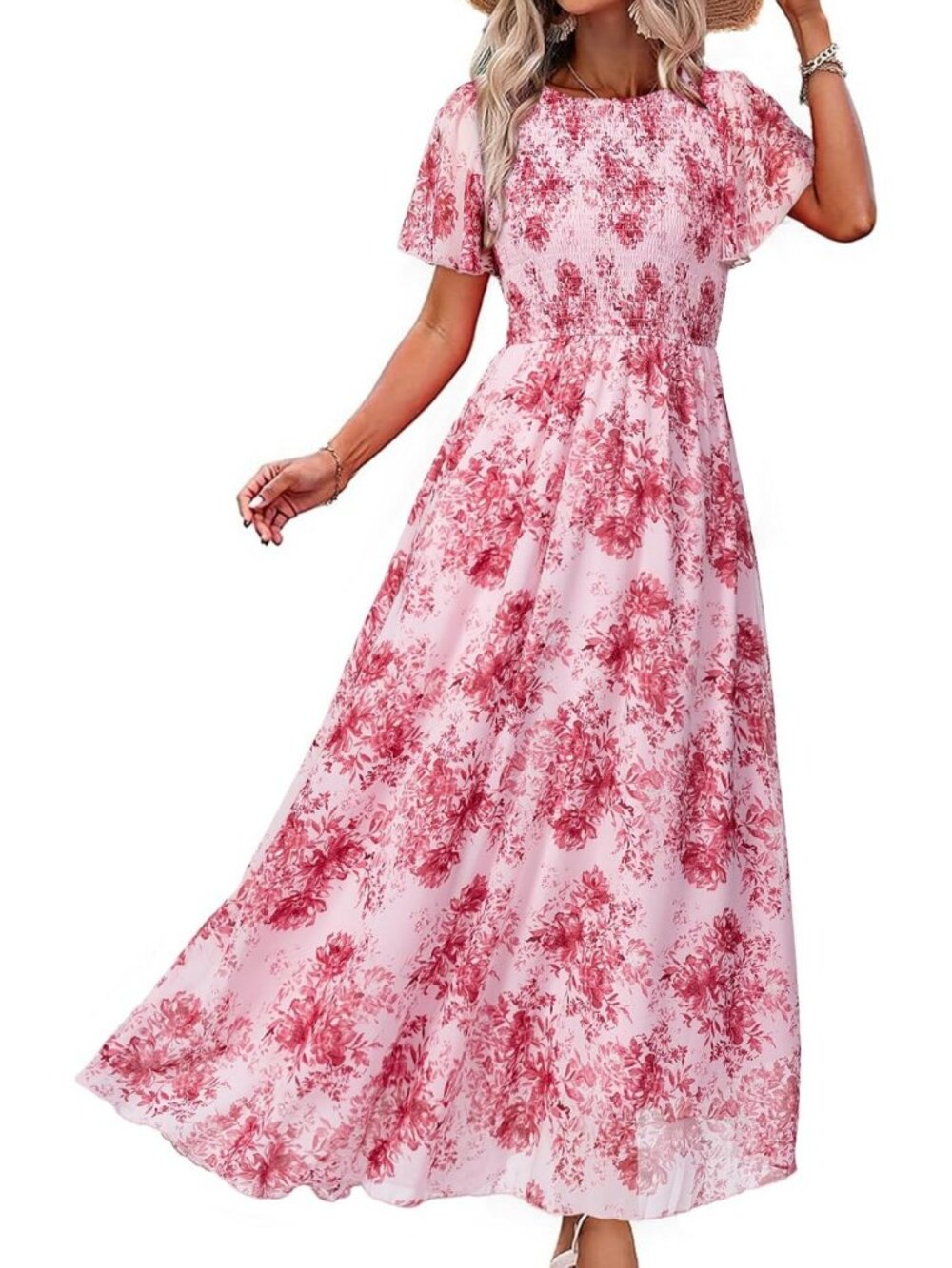 Boho Floral Maxi Dress for Women - Casual Summer Short Sleeve Vacation Chiffon